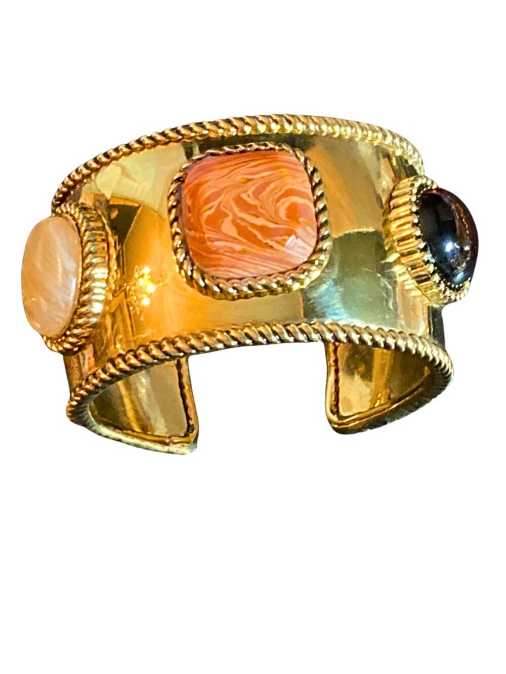 Vintage Gold Cuff Bracelet Gripoix Mogul Jewel Statement 1980s Wide Cable Bezel